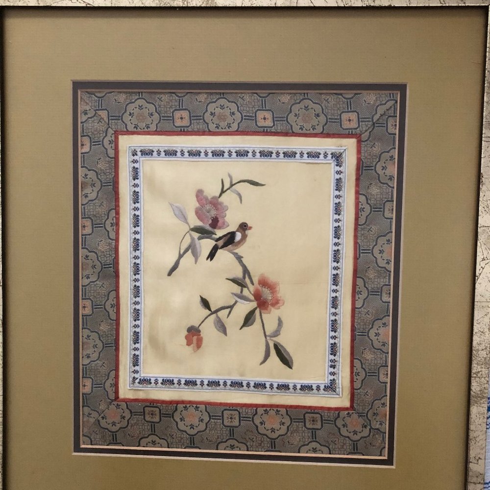 Vintage Silk Embroidered Textile Wall Art Flower Bird wooden Frame Chinese?